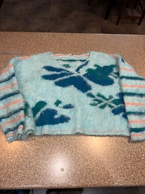 Free People Oversized Floral Fuzzy Cropped Sweater with Teal & Coral Stripes